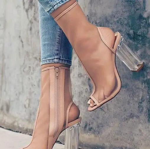 Talons Carrés Bottines Chaussettes Bout Ouvert Bottines Sexy En