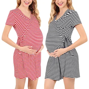 

2020 New Maternity Pregnant Women Dress Small Fresh Stitching Cotton And Linen Red Short-sleeved Dress Female Pregnant Dress