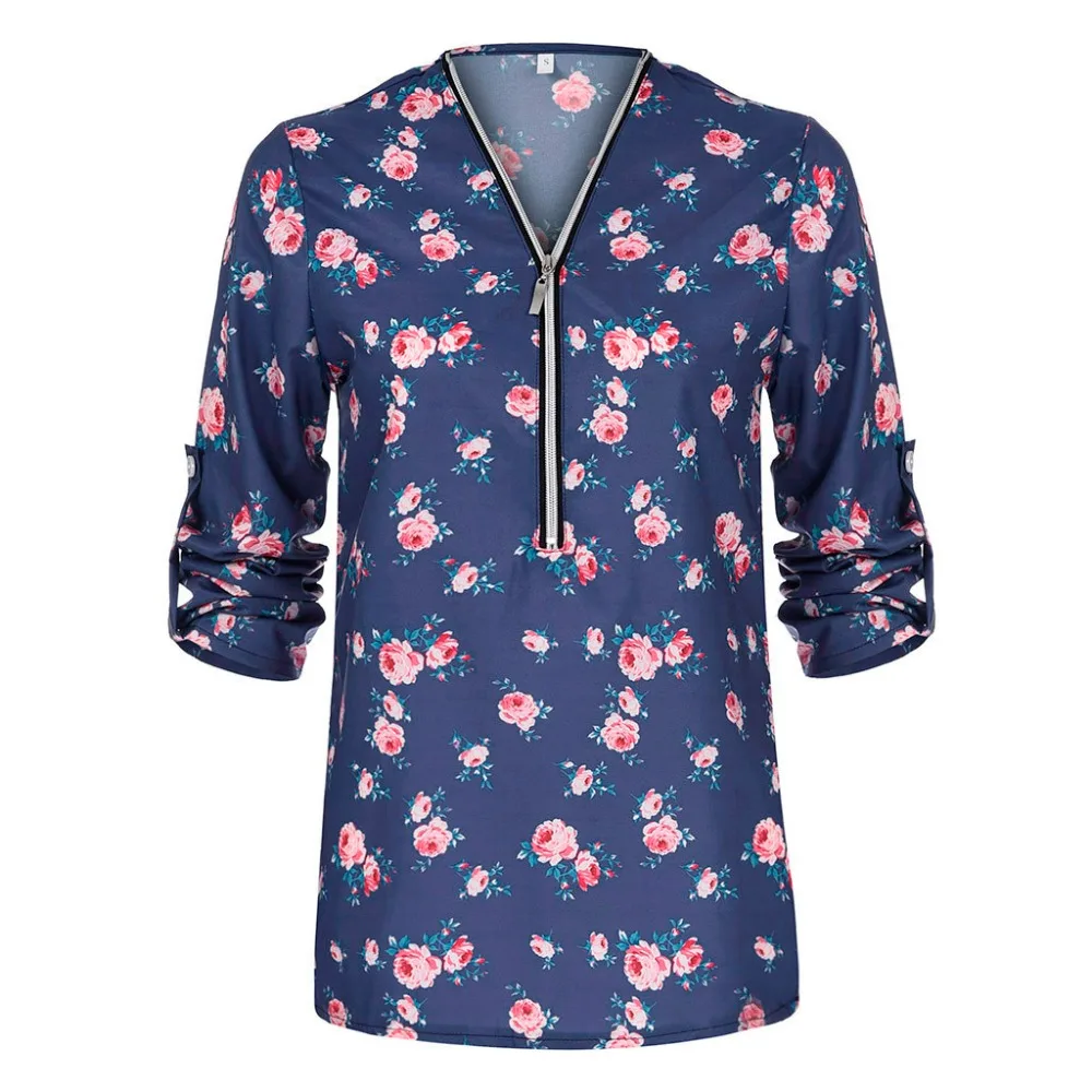 Осенние женские топы большого размера, Повседневная рубашка с v-образным вырезом, женская блузка на молнии спереди, свободная туника с цветочным принтом, рубашка Camisa Feminin