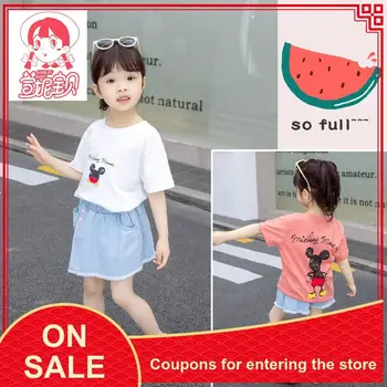 

8-year-old girl summer cotton T-shirt shorts suit 1-year-old girl Mickey Mouse jacket jeans 2 pieces US clothing new hot sale