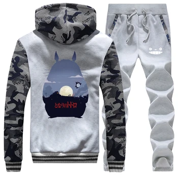 

Tonari No Totoro Print Anime Tracksuit Thick Fleece Sweatshirts Mens Zip Jacket+Pants 2 Piece Sets Men Hoodies Winter Warm Suit