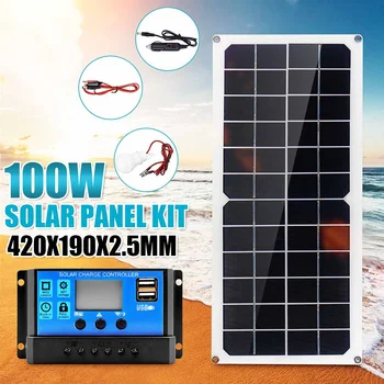 100W Solar Panel 18V Dual USB with 3W LED Lamp + 10A USB Solar Regulator Charger Controller for Car Outdoor Camping Light 1