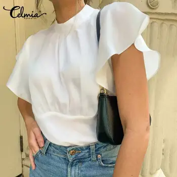 

Celmia Women Satin Blouse Tunic Silk Tops 2020 Sexy Short Sleeve Summer Office Lady Shirt Elegant Hollow White Blusas Plus Size