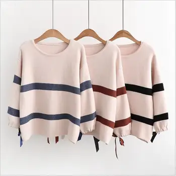 

2019 Autumn Winter Pullover Women's Long-sleeved Knit Sweater Female Bow Shrink Cuff Pullover Shirt Ladies Clothes