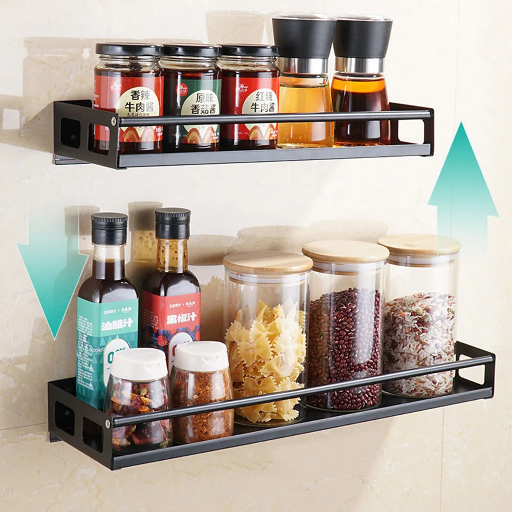 Kitchen Organizer Wall Mount Storage Rack Punch-free Metal Spice Jar Rack Cabinet Shelf Kitchen Storage Holder 4