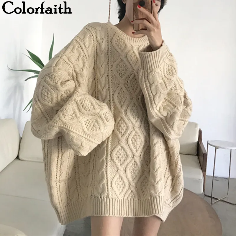 Дешево Colorfaith Новинка 2019 осень зима женские Пуловеры Свитер оверсайз Вязание Свободные Элегантные повседневные однотонные минималистичные Топы ...