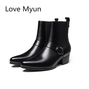 

Genuine Leather Buckle Men's Ankle Boots High Heels Men Pointed Toe Slip on Business Dress Chelsea Boots Winter Snow Boots 36-44