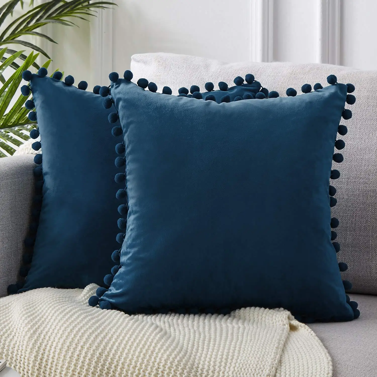 Velvet Decorative Cushion with Ball Home Decor Sofa Pillowcase  Pure Color Drop Ball Plush Car Home Office Throw Pillowcase 