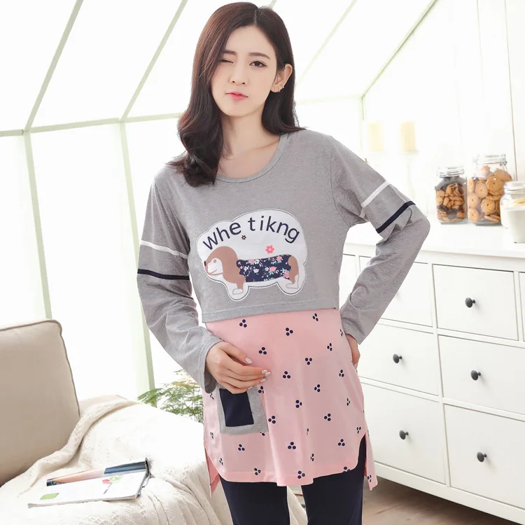 

Spring And Autumn Cartoon Long Sleeve Cotton Confinement Clothing Puppy Printed Cotton Pregnant Women Nursing Clothes Pajamas La