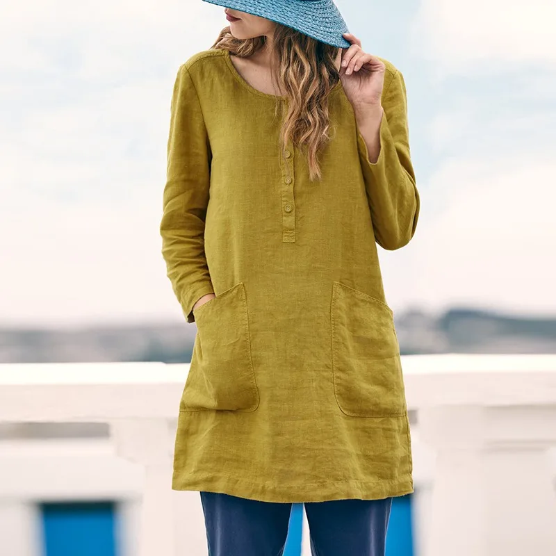 

Autumn Spring Women O Neck Long T Shirt Solid Long Sleeve Loose Pockets Tshirt Cotton and Linen T-Shirt