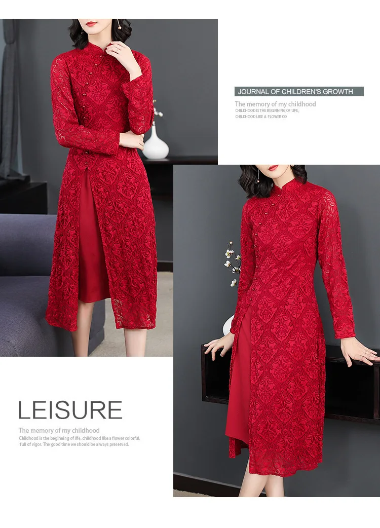 Spring Clothing Large Size Dress Chinese-style Dignified Glorious Mom Modified Version Lace Dress
