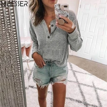 NIBESSER, Новинка осени, женские топы, одноцветные, на пуговицах, v-образный вырез, вязаные свитера,, Повседневный, хлопок, трикотаж, пуловер, женская рубашка