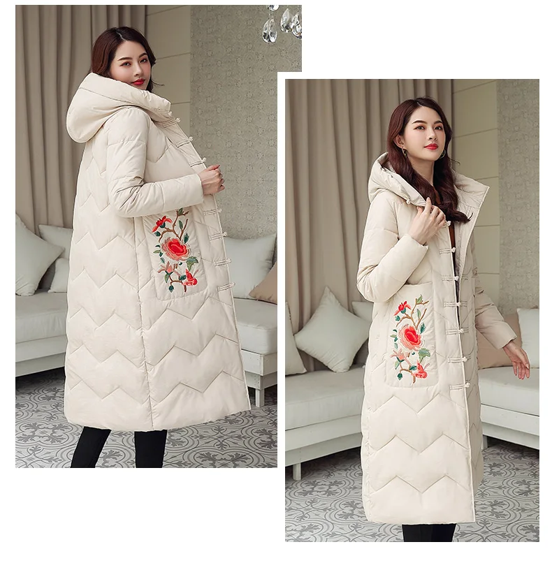 Плюс размер 3XL куртка с вышивкой модное женское зимнее пальто длинное плотное теплое элегантное хлопковое Стеганое пальто Верхняя одежда парки