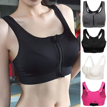 

Plus Size M-5XL Women Front Zipper Closure Push Up Bras Shockproof Fitness Vest Removable Padded Wireless Tops