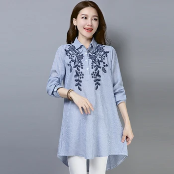 

2019 new Spring fashion long-sleeved shirt Casual loose large size embroidered irregular shirt Female Fat MM can wear cc1057