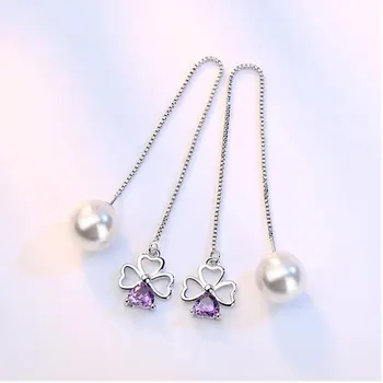 

Luck Love Heart Flower Long Tassel Earring With Purple Zircon 925 Sterling Silver Ear Line Pearl Pendant Jewelry S-E277