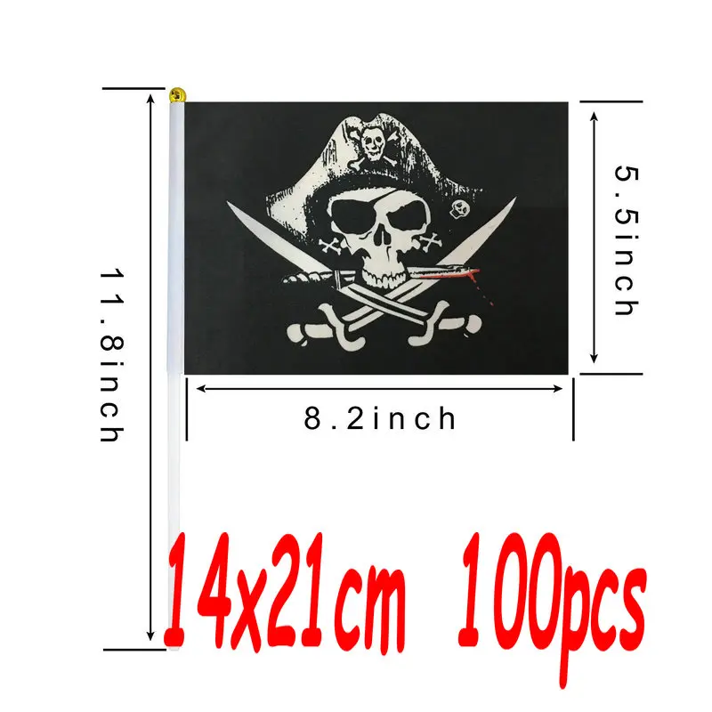 

ZXZ 100pcs 14x21cm Skull and Cross Crossbones Jolly Roger Pirates Hand Flag for All Saint's Day with plastic flagpole