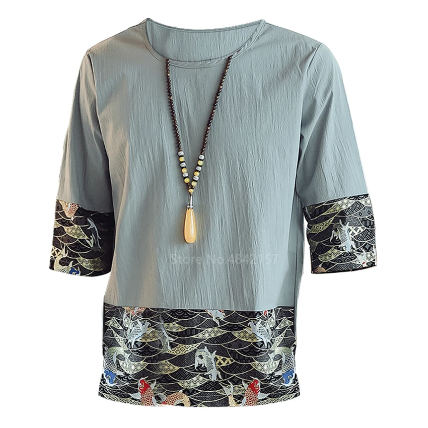 Summer Vintage Shirts Embroidery Chinese Top Cotton Linen Carp Kung Fu Hanfu Traditional Chinese Clothing for Men Blouse