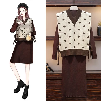 

Women Plus Size Two Piece Set New Autumn Winter Polka Dot Print Knitted Bow Loose Vest + Black Long Sleeve Midi Dress Skirt Set