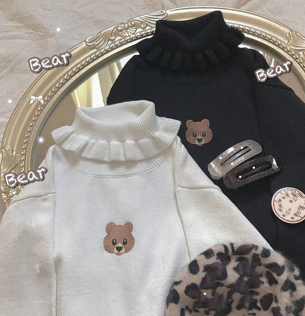 Harajuku Cute Bear Girl Turtleneck Sweater Vintage High Neck - Main Image