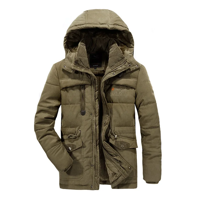 Размера плюс 8XL зимняя куртка пальто Для мужчин шерстяная подкладка-30 градусов с капюшоном на хлопковой подкладке, парка с хлопковой подкладкой, Для мужчин ветрозащитный карман - Цвет: Хаки