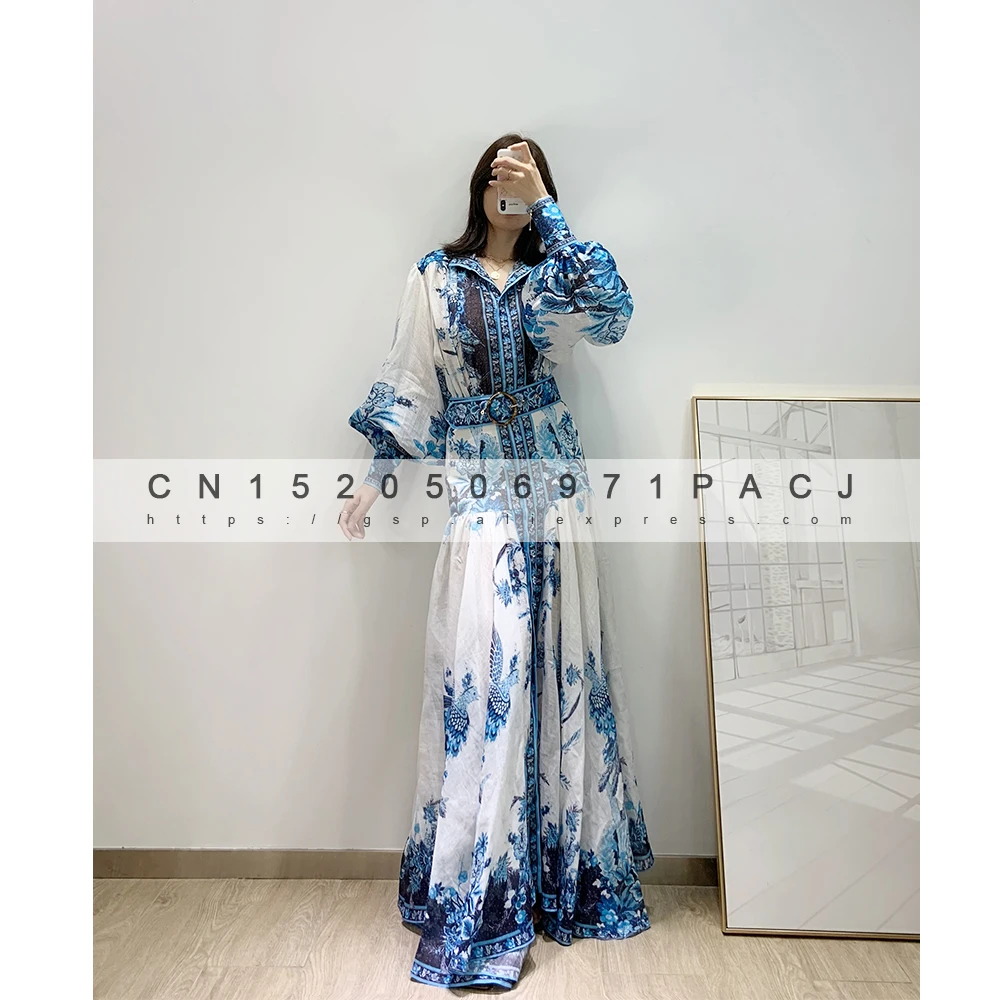 ZM high-quality retro ethnic wind Linen silk blue phoenix print stand collar lantern sleeve dress | Женская одежда