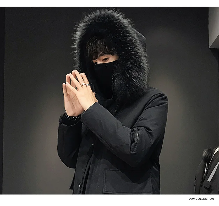 Winter Trend Handsome Mid-length down Jacket Men over-the-Knee Large Fur Collar Youth Students Thick Winter Coat Fashion