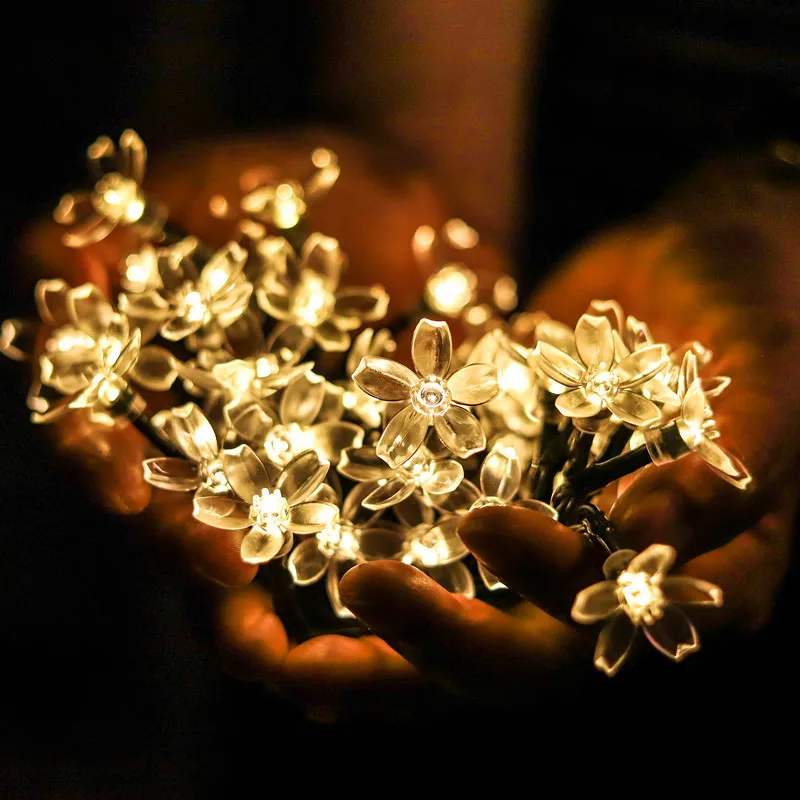 Luzes de Fadas Decoração ao ar Pêssego Flor Lâmpada Solar Luzes Led Energia Corda Guirlanda Natal Casamento Jardim Livre 5m 7 6 Fios de LED