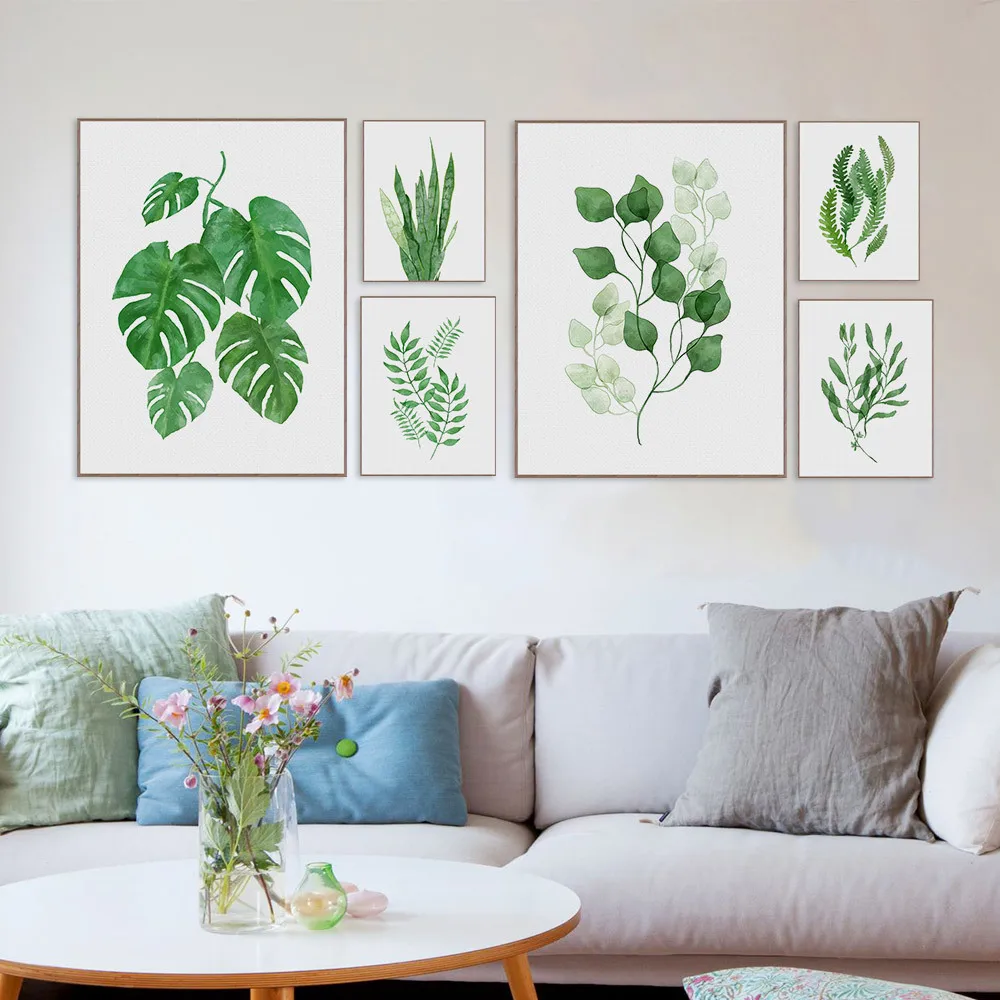 

Northern European-Style Fresh Watercolor Green Vegetation Frame Painting Core A4 Simple Living Room Entrance Triple Decorative C