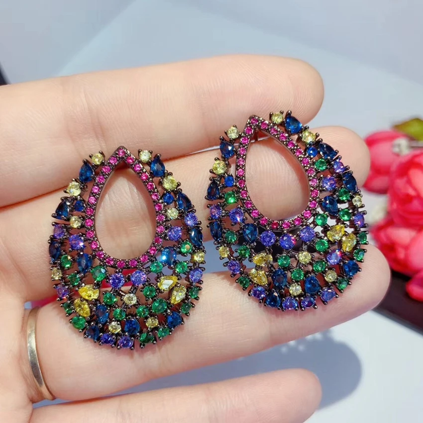 

Holloe Water Drop Stud Earrings for Women Colorful Zircon Black Gold Color Earings Hiphop Fashion Jewelry