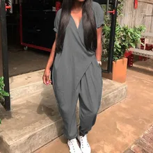 Plus Size Women Jumpsuits 2019 ZANZEA Summer Overalls Fashion Pantalon Pants V Neck Button Playsuits Female Short Sleeve Romeper