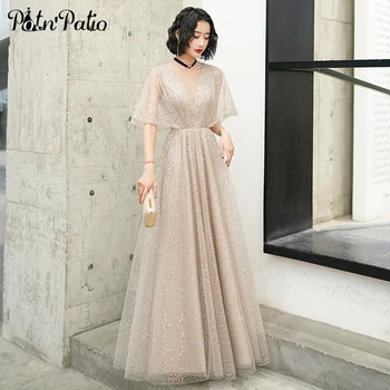 

Sequin Tulle Long Evening Dresses With Sleeves 2020 Elegant V-neck A-line Floor-length Plus Size Women Formal Gowns