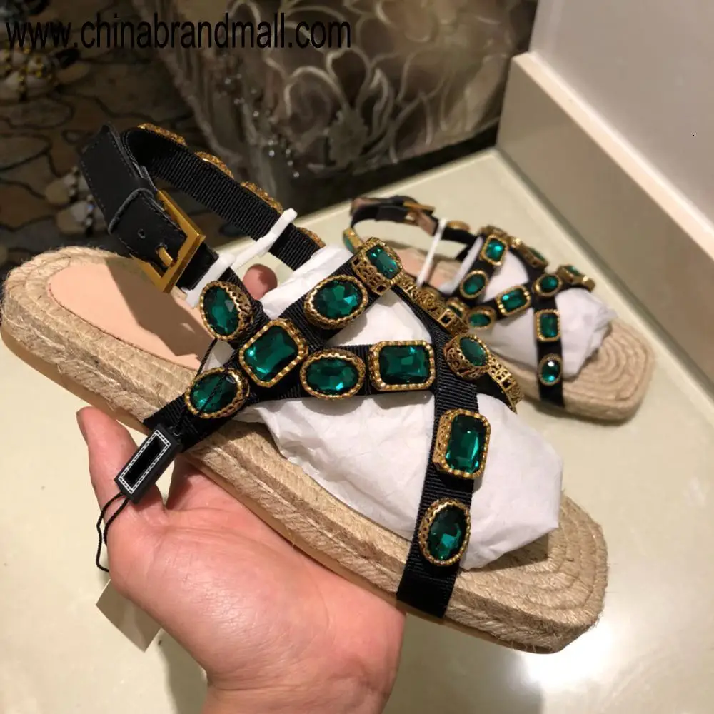 

New Fashion Summer Women Leisure Comfortable Sandals 2019 Outdoor Open-toed Slipper Hemp rope sole with Luxury Diamond Chain