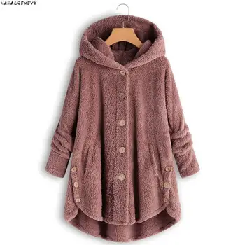

2019 Fashion Parkas Plus Size S-5XL Women Coat Button Fluffy Tail Tops Hooded Pullover Loose Sweater Oversize Coats Warm Outwear