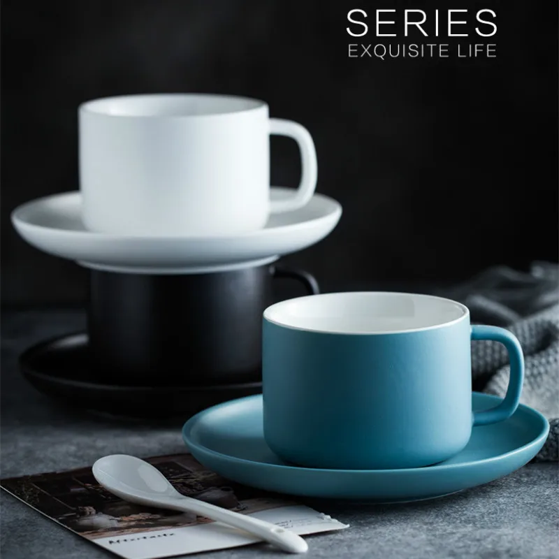 Минималистичная Скандинавская керамическая кофейная чашка с ложкой синие