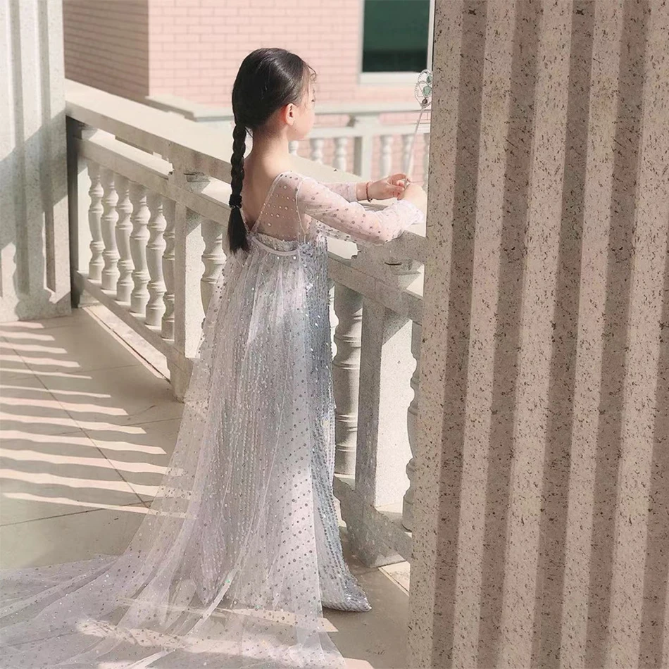 

Elsa Dress Little Girl Costume Kids Princess Dress White Long Sleeve Sequined Dress Child Girls Birthday Party Cosplay Costume