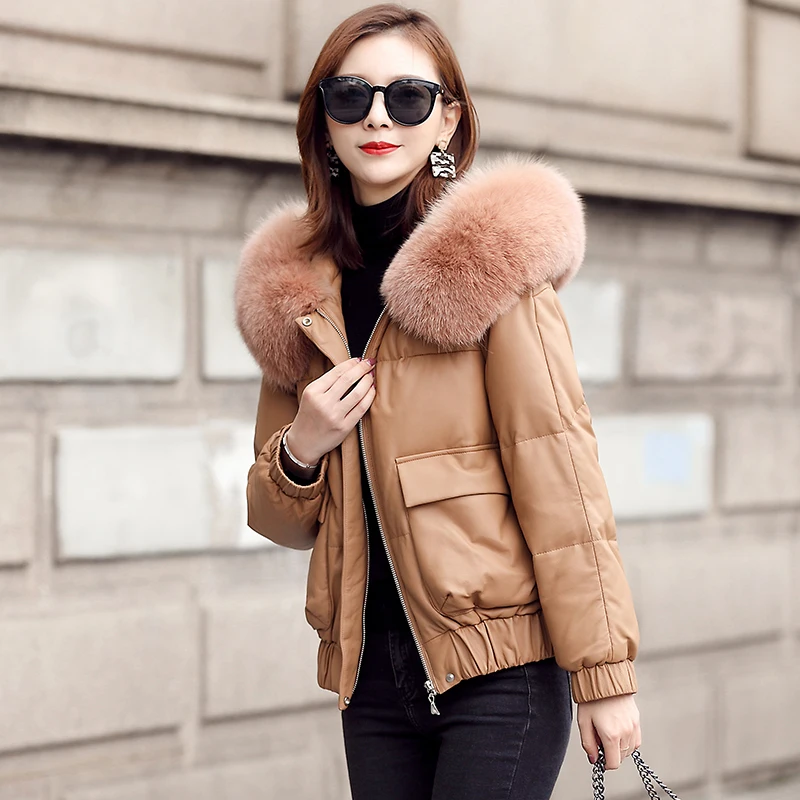 

Winter Genuine Leather Jacket Women Hooded Big Fox Fur Collar Sheepskin Down Coat Short Korean Warm Chaquetas Mujer 2020 KJ5518