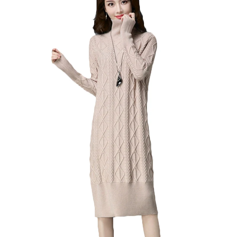 2021 Winter Long Turtleneck Pullovers Sweaters Women Knitted Sweater Dress Sleeve Twist Knitwear Female A1196 | Женская одежда