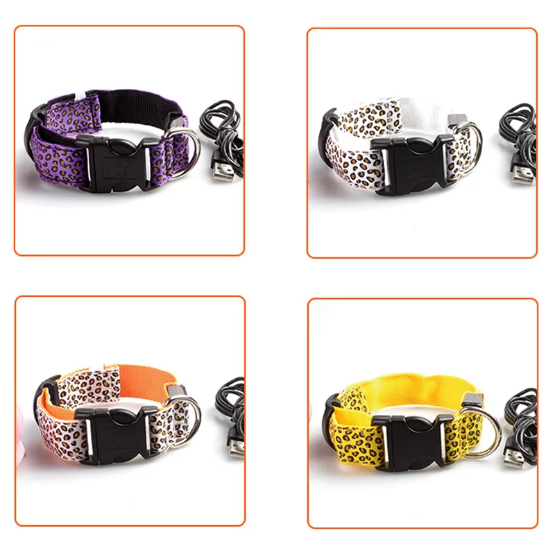 Pet Products Leopard Design Dog Supplies Luminous Anti-Lost Night Safety Flashing Glow Collars Nylon LED Dog Collar