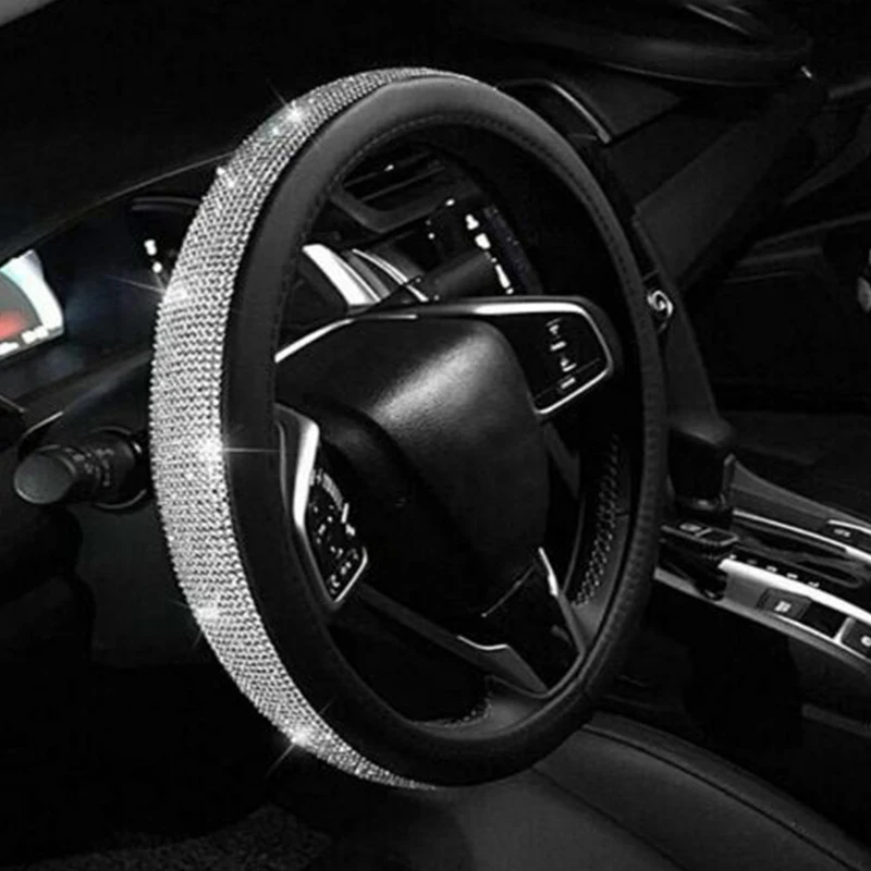 

Cystal Steering Wheel Cover with PU Leather Bling Bling Rhinestones Universal 15 Inch Auto Steering Wheel