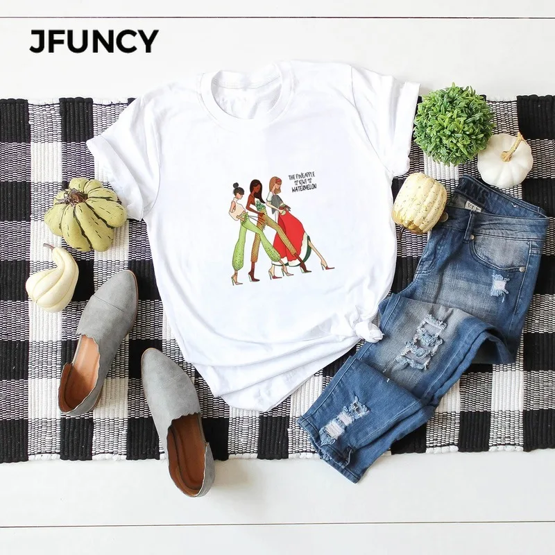 

JFUNCY 100% Cotton 2020 Summer Plus Size Women T Shirt Fashion Cartoon Pint Short Sleeve Lady T-shirt Oversize Female Tees Tops