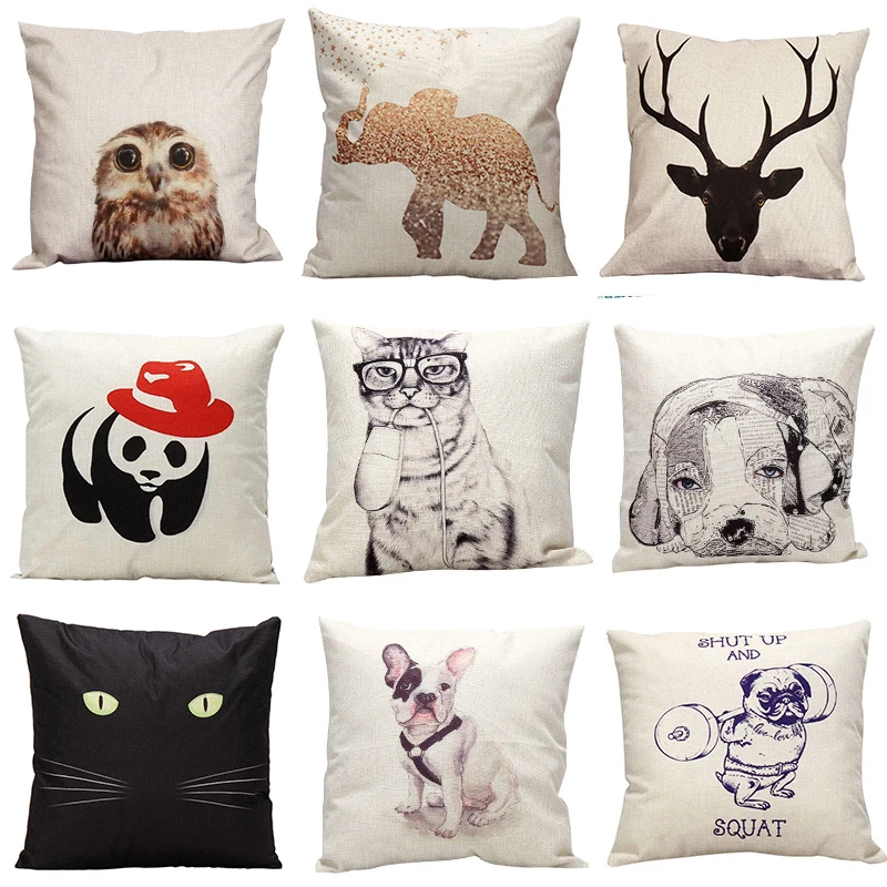 Vintage Cute Owl Dog Animal Pillowcase Cotton Linen Printed Cushion Cover For Office Home Pillow Covers 45*45cm | Дом и сад
