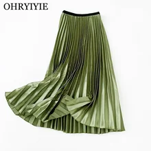 Ohryiyie зеленые винтажные юбки из искусственной кожи для женщин осень зима блестящая яркая боковая юбка Женская высокая талия кожа замша плиссированная юбка