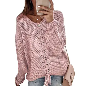 

Fashion Women Solid Color V Neck Long Sleeve Drawstring Casual Knitted Sweater