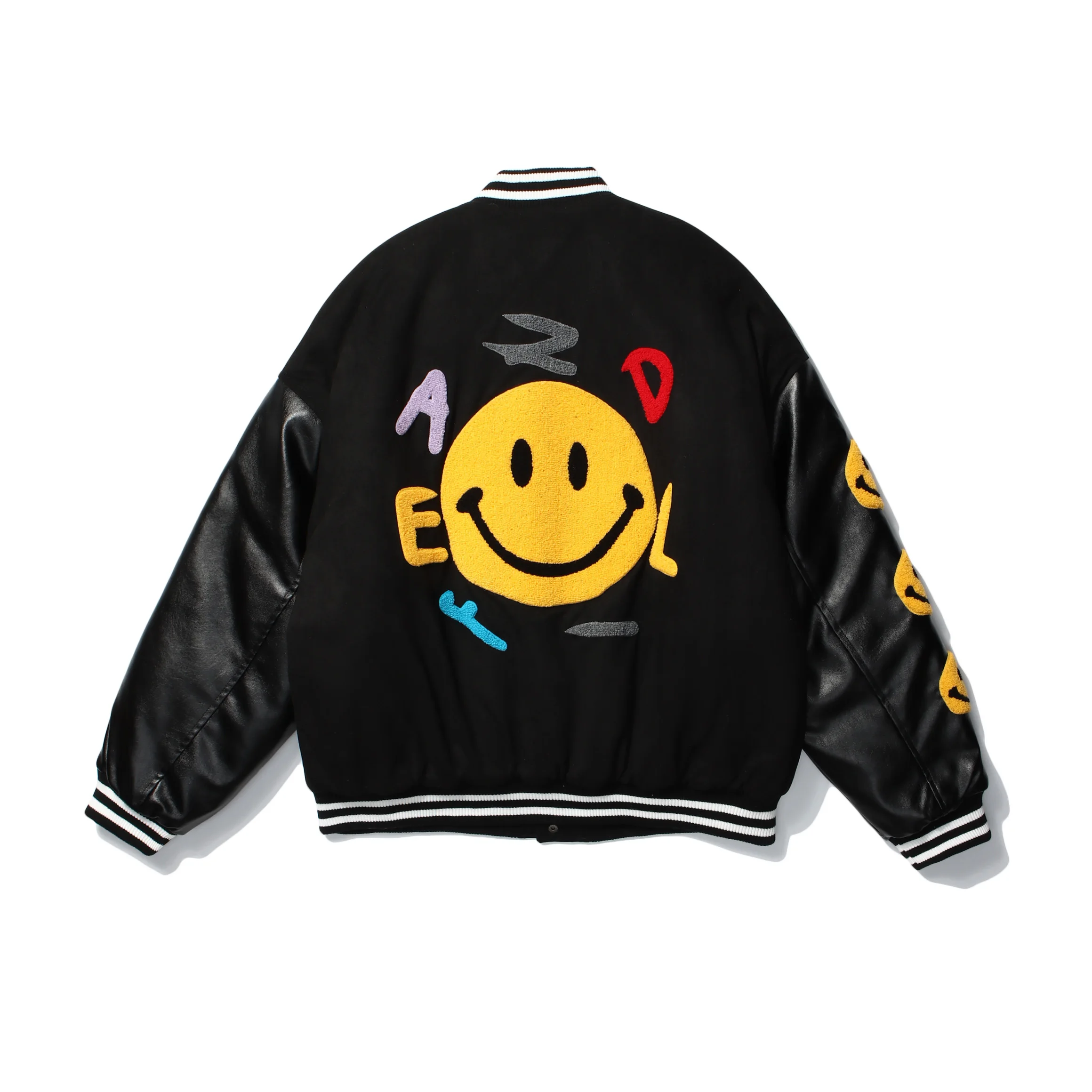 Hip Hop Baseball Jacket Coat Smiley Letter B Embroidery Patchwork Oversized Streetwear Bomber Varsity Fashion College Jacket