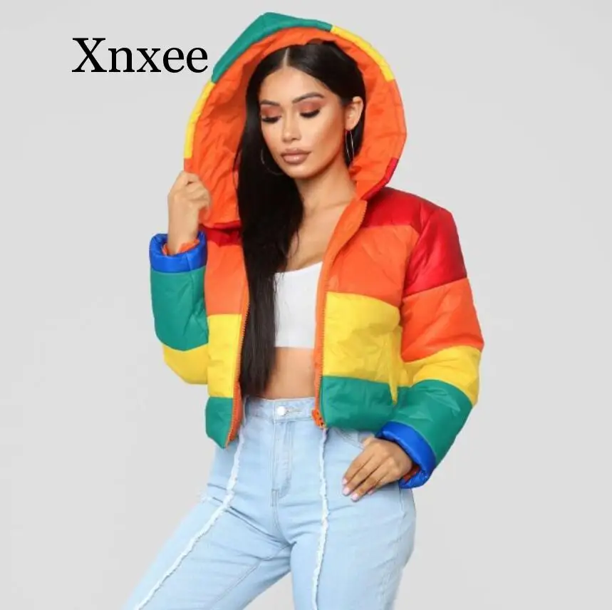 Winter coat short Casual Warm Fashion Rainbow Hooded Full Sleeve Women Slim Thick Regular Wind Outwears jacket thick student