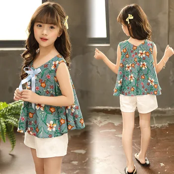 

Summer Clothes For Girls Floral Pattern Vest Solid Shorts Girls Set Teenage Large Kids Clothes For Girls 6 8 10 12 14 year