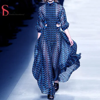 

Spring 2020 New Sexy Hollow Out Waist Long Chiffon Dress Women Long Sleeve Beach Holiday Beach Sunscreen Printing Long Dress