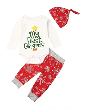 

Christmas Newborn Baby Girl Boy Clothes Outfit Long Sleeve Letter Romper Bodysuit Long Print Pants Trousers 3pcs Hats Caps 0-18M