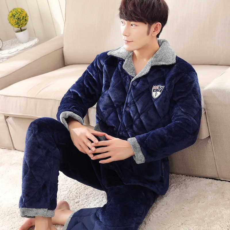 

Men Pajamas Winter Coral Velvet Thick plus Velvet Three Layer Clip Cotton-padded Jacket Autumn And Winter Warm Flange Tracksuit